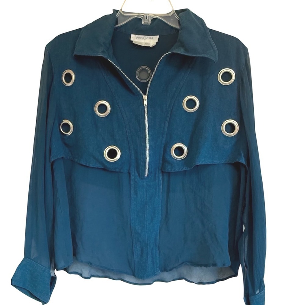 Vera Cristina Vintage 100% Silk Teal Grommet Half Zip Blouse Womens Medium